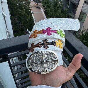 chrome buckle with multicolored crosses
